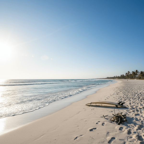 Empty sandy beach at sunrise with a surfboard and small driftwood pile
